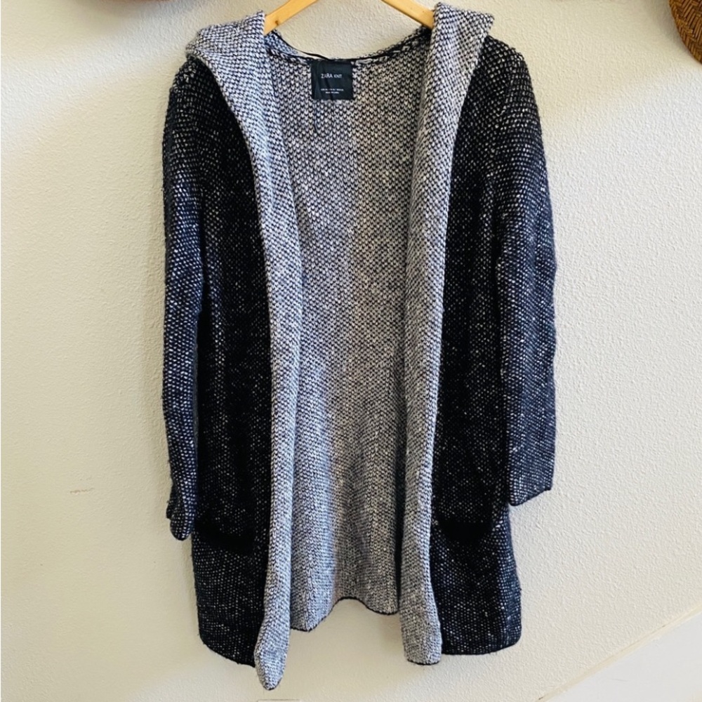 Zara knit womens gray hooded open front sweater cardigan black M